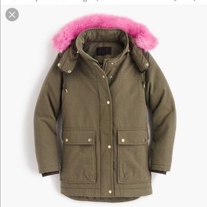 J. Crew Collection green parka pink faux fur small cotton coat jacket